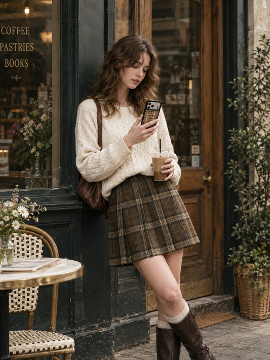 A British dark academia style photo of a woman in a cream cable-knit sweater and plaid pleated skirt leaning against a vintage storefront while holding a plaid phone case and iced coffee.