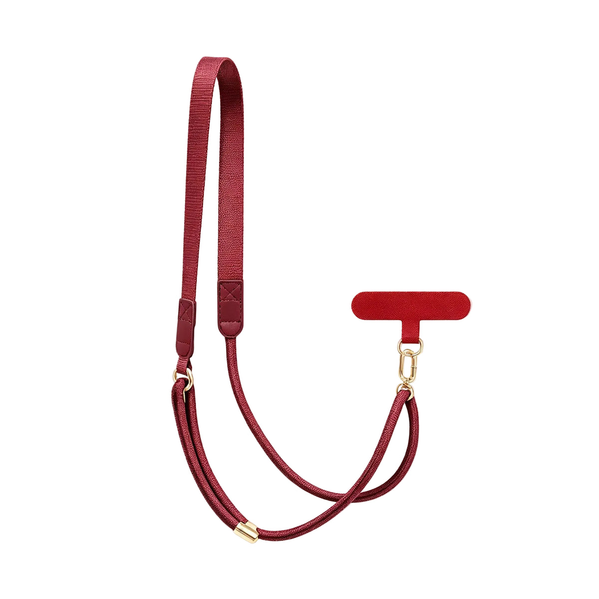 CasePoppi burgundy red adjustable crossbody phone strap with flat polyester webbing, gold hardware, and matching phone tether tab