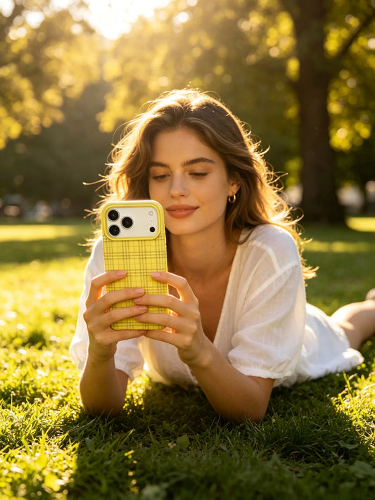A sunny outdoor lifestyle photo of a young woman in a white dress lying on the grass, holding a pastel butter yellow checkered phone case.