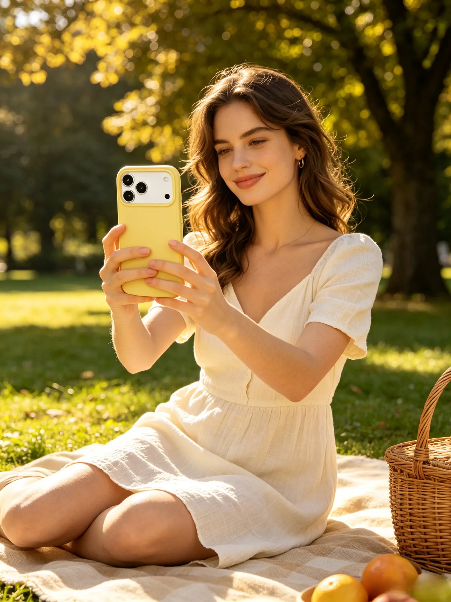 A bright summer picnic photo of a smiling woman in a white sundress sitting on a lawn, holding up a cute butter yellow textured phone case.