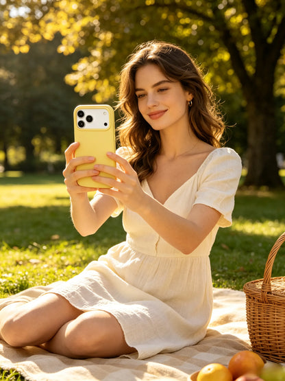 A bright summer picnic photo of a smiling woman in a white sundress sitting on a lawn, holding up a cute butter yellow textured phone case.
