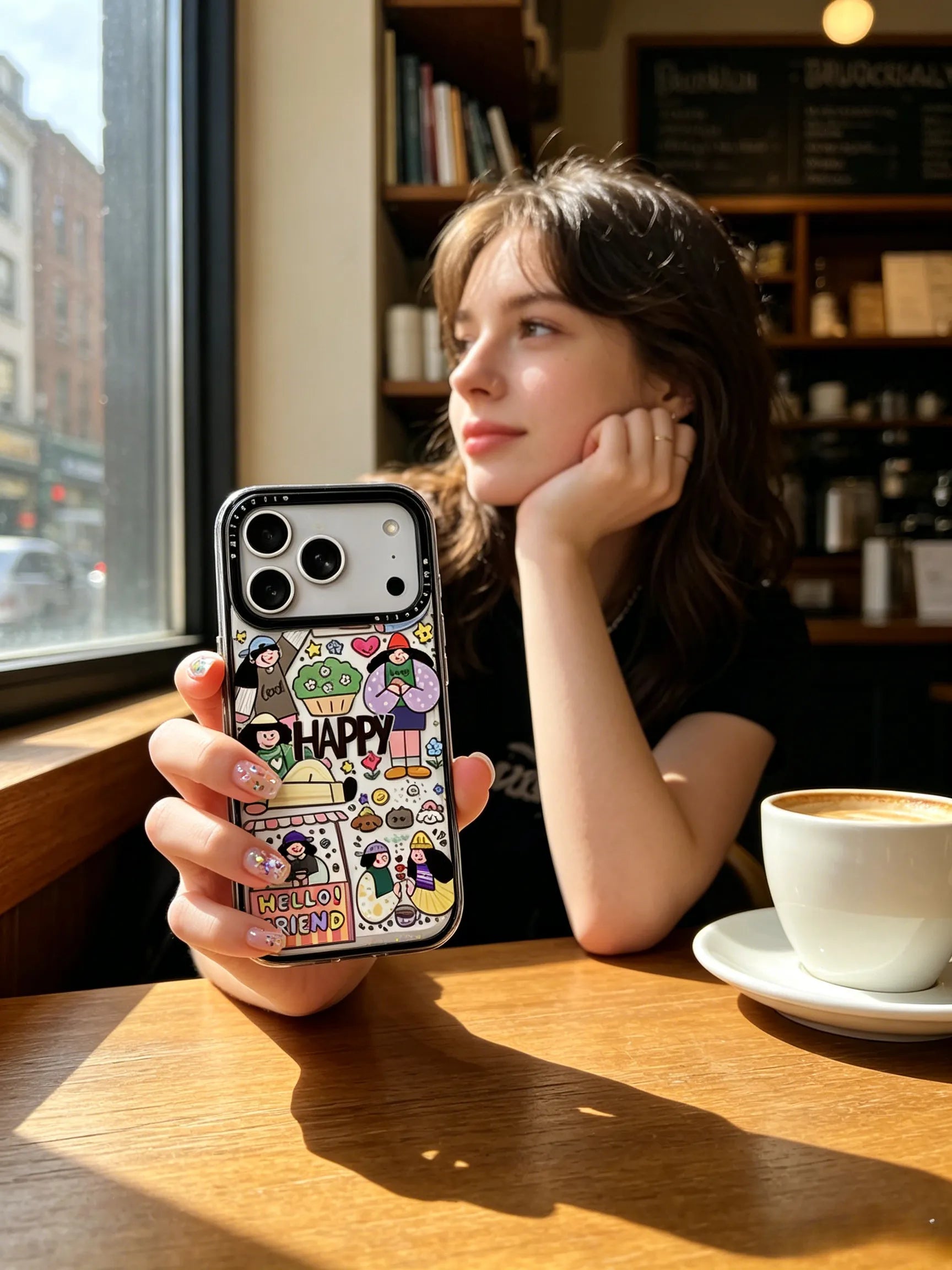 A cozy cafe lifestyle photo of a thoughtful young woman sitting by the window with a coffee cup, holding a vintage sticker-bomb patterned phone case.