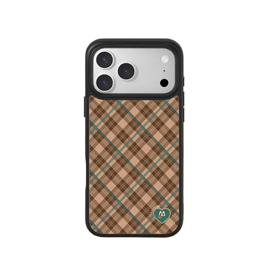 CasePoppi Caramel Pine Green Diagonal Plaid Glossy Tempered Glass iPhone Case with Vintage Style