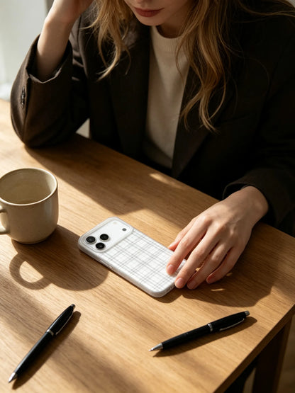 An aesthetic desk setup photo showing a clean ceramic white checkered phone case lying on a wooden table beside a coffee cup and pen.