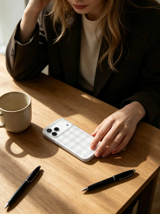 An aesthetic desk setup photo showing a clean ceramic white checkered phone case lying on a wooden table beside a coffee cup and pen.