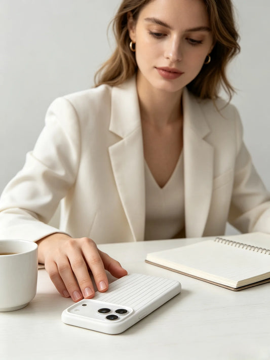 A clean minimalist lifestyle photo of a professional woman in a white blazer resting her hand on a ceramic white ribbed phone case at an office desk.
