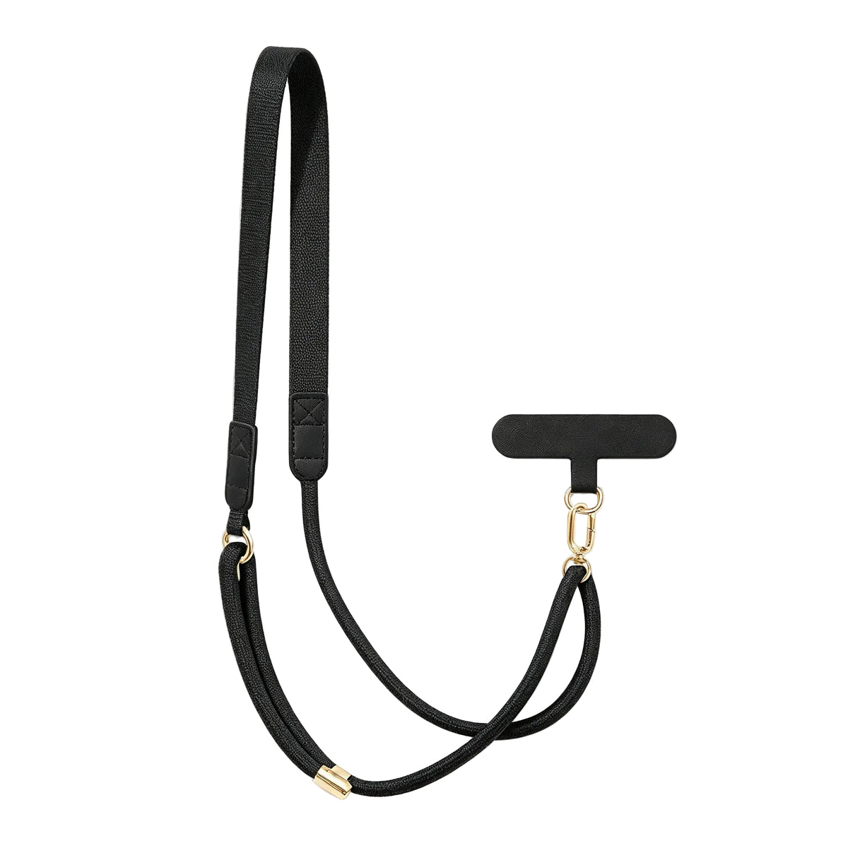 CasePoppi classic black adjustable crossbody phone strap with flat polyester webbing, gold hardware, and black phone tether tab