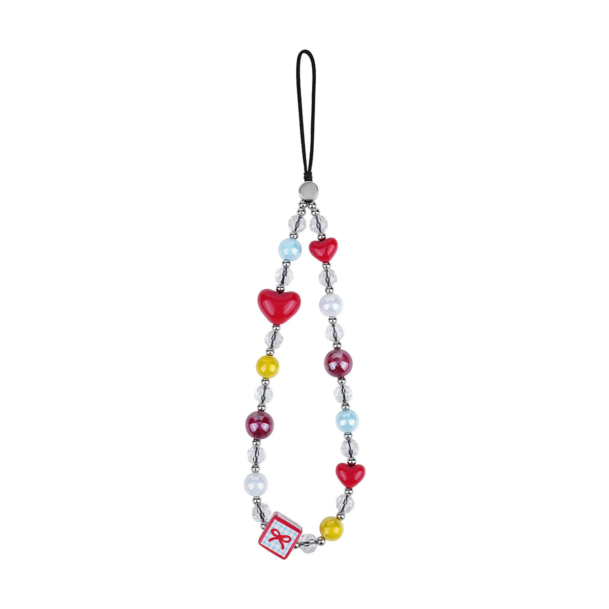 A vibrant beaded phone lanyard strap with colorful red heart, yellow, and pastel beads, isolated on a clean white background.