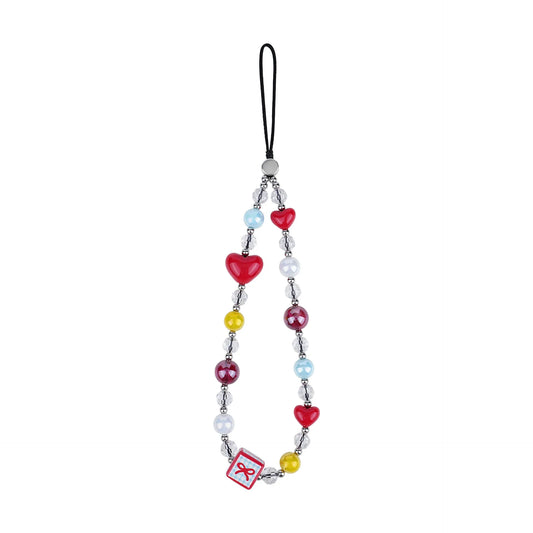 A vibrant beaded phone lanyard strap with colorful red heart, yellow, and pastel beads, isolated on a clean white background.