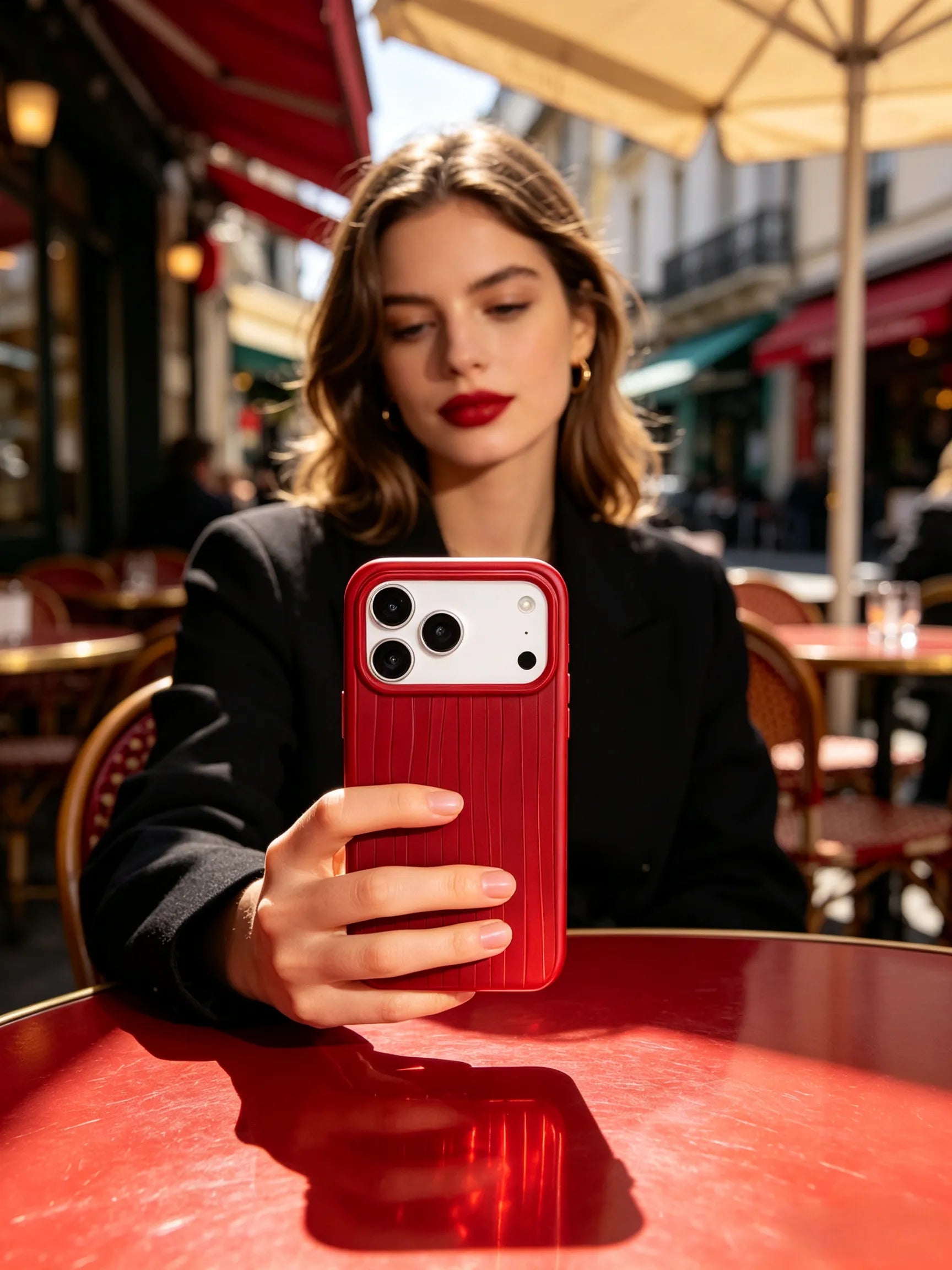 A stylish fashion photo of a young woman in a black blazer at a Parisian sidewalk cafe, holding a vibrant crimson red textured phone case over a red table.
