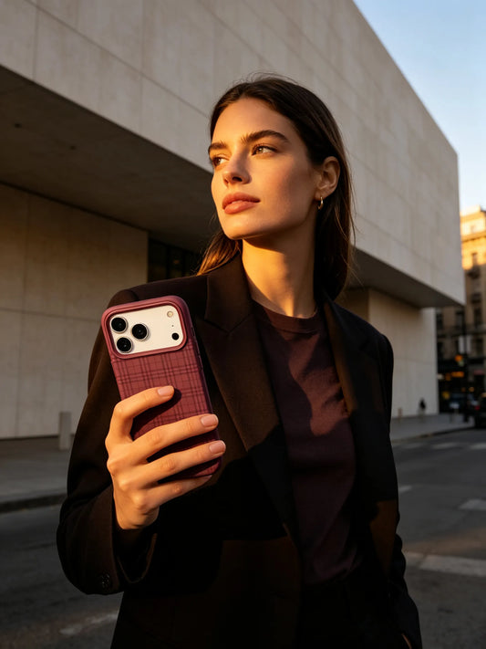 An elegant sunset city street photo of a woman in a dark blazer holding a deep blackcurrant plum purple phone case.