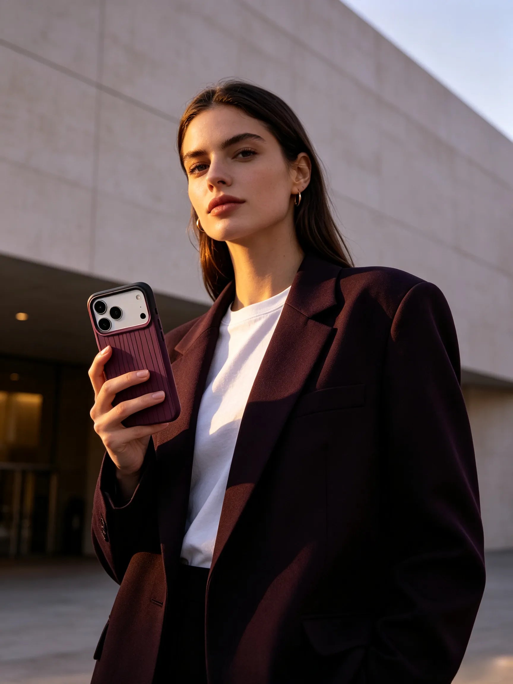 An edgy city streetstyle photo of a woman wearing an oversized dark purple blazer, holding a deep plum purple textured phone case.