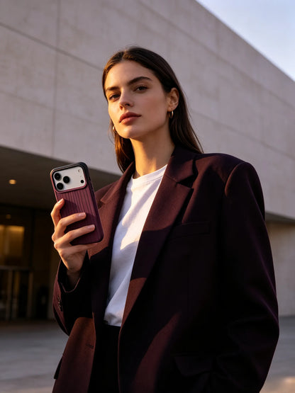 An edgy city streetstyle photo of a woman wearing an oversized dark purple blazer, holding a deep plum purple textured phone case.