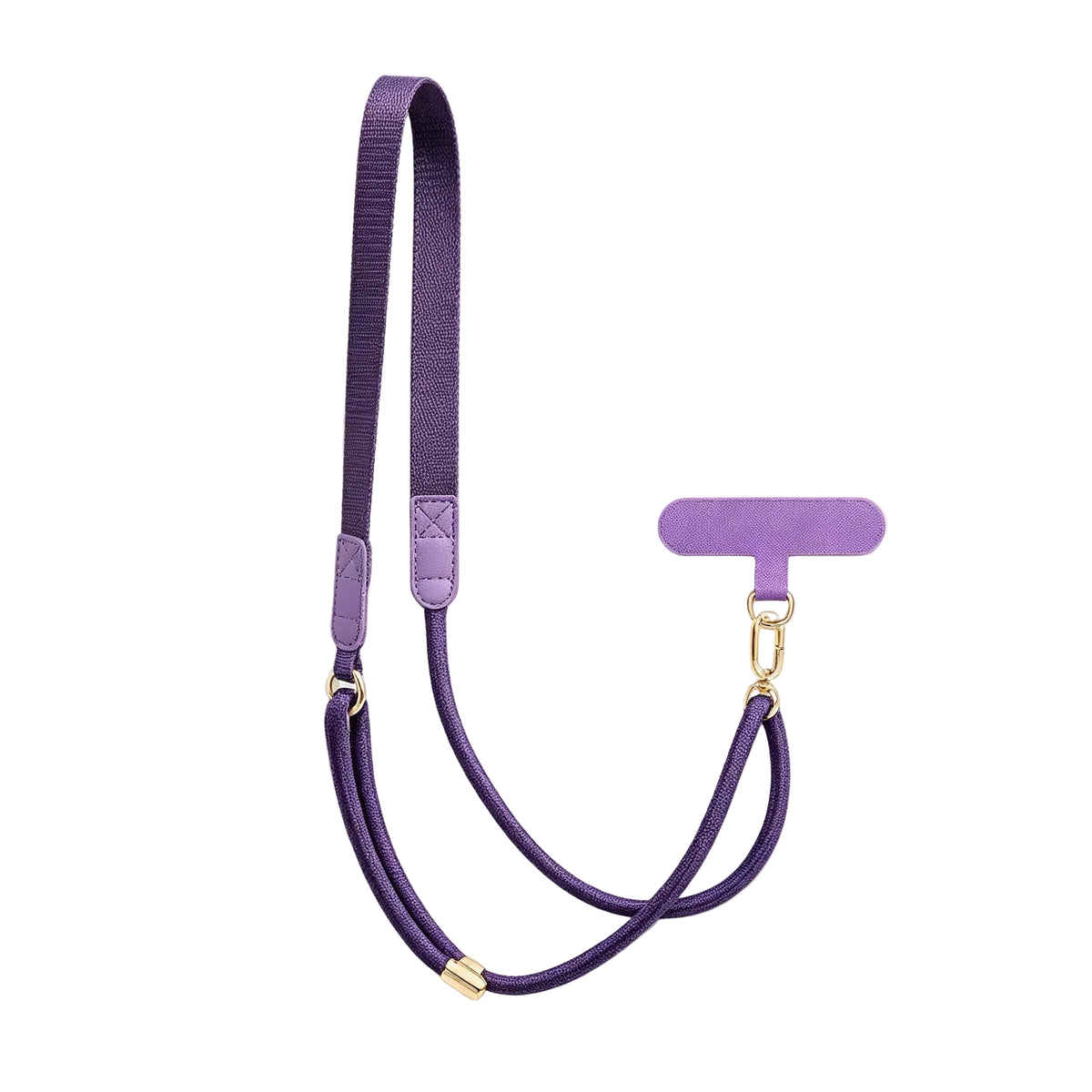 CasePoppi dark purple adjustable crossbody phone strap with flat polyester webbing, gold hardware, and matching phone tether tab