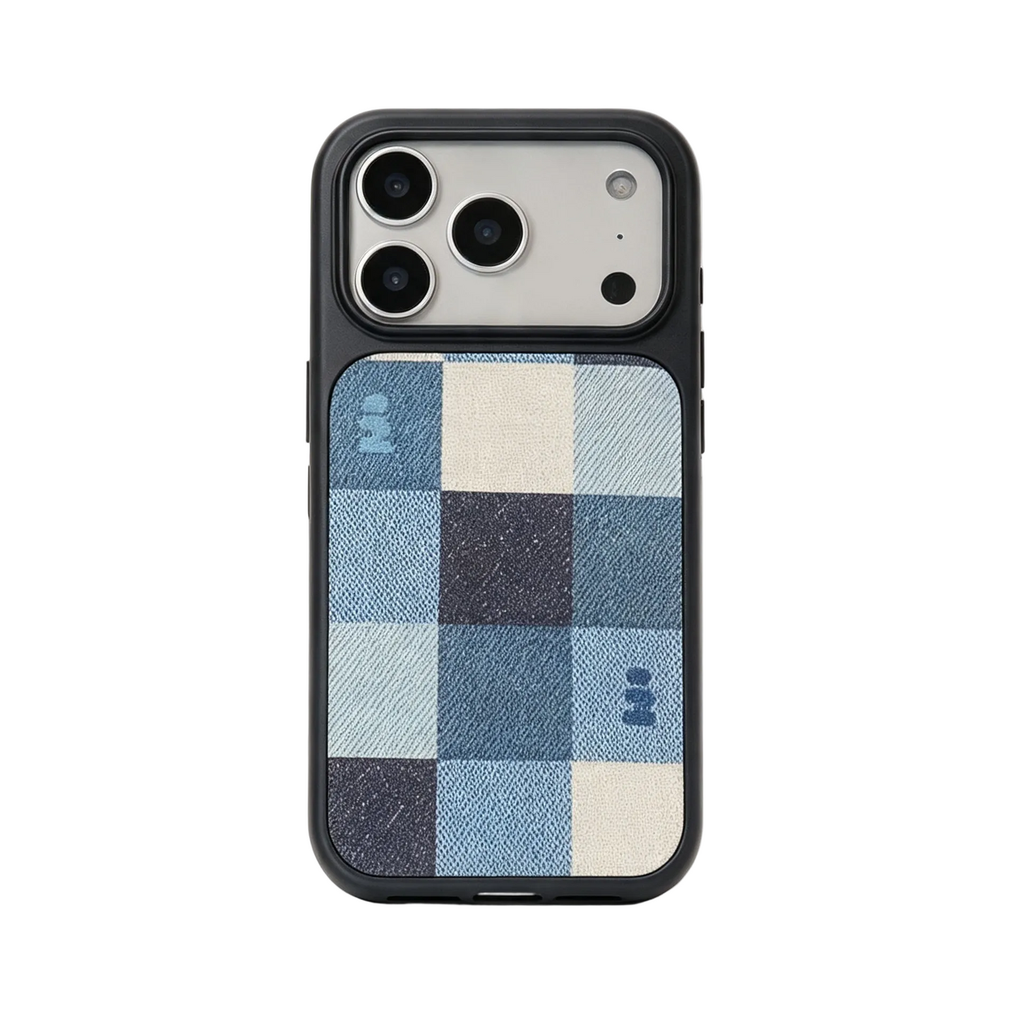 CasePoppi Denim Plaid Magnetic iPhone Case with Blue Grid Pattern and Black Protective Frame