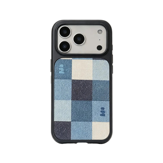 CasePoppi Denim Plaid Magnetic iPhone Case with Blue Grid Pattern and Black Protective Frame