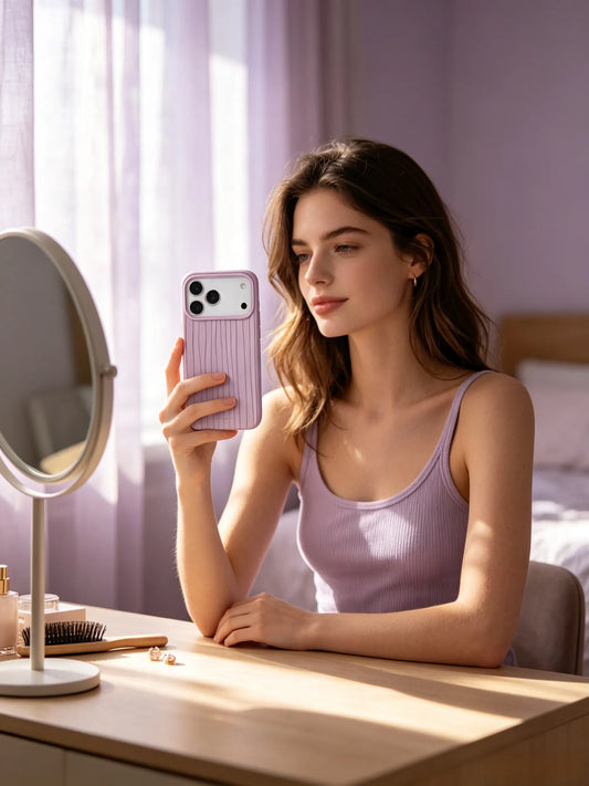 A cozy bedroom aesthetic photo of a young woman in a mauve tank top and matching cardigan, holding a soft purple textured phone case by a vanity mirror.