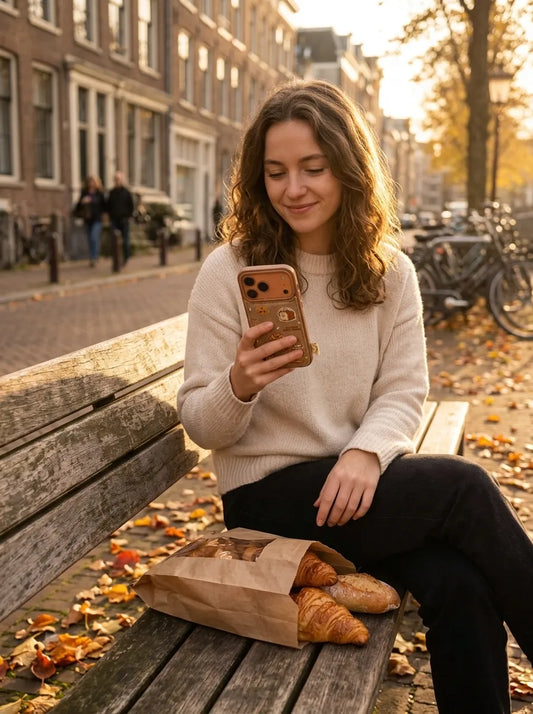 A cozy autumn lifestyle photo of a smiling woman sitting on a park bench covered in fall leaves, holding her phone next to a paper bag of fresh croissants.