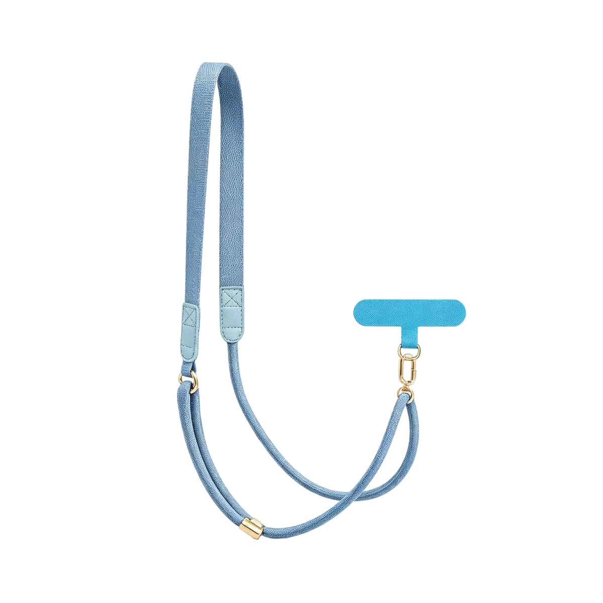 CasePoppi fog blue adjustable crossbody phone strap with flat polyester webbing, gold hardware, and matching blue phone tether tab