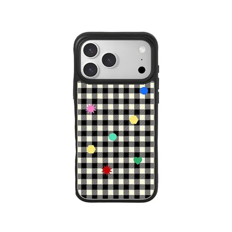CasePoppi Funky Polka Gingham Black White Glass iPhone Case with Colorful Y2K Pattern