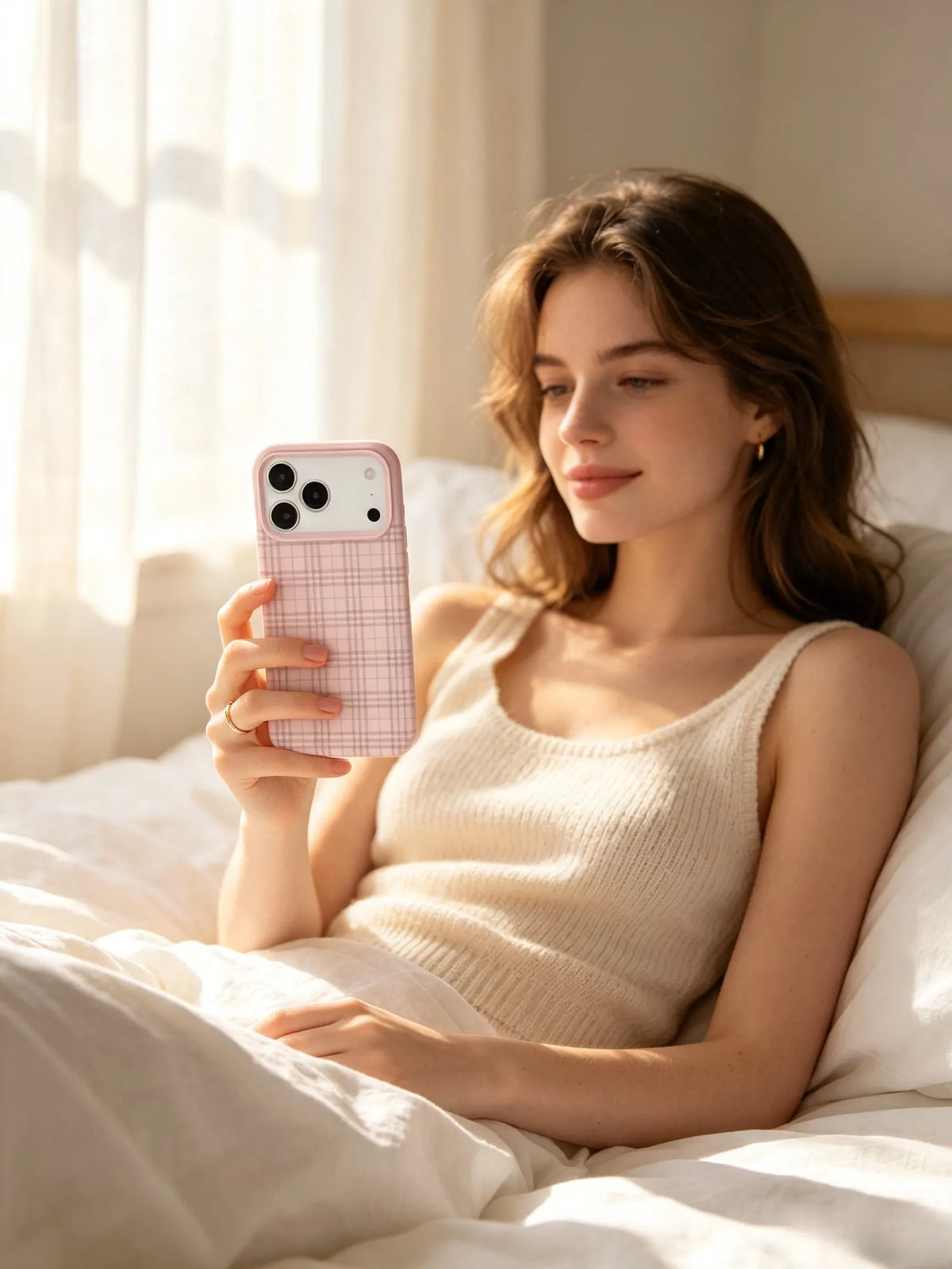 A soft morning lifestyle photo of a young woman in a beige silk camisole sitting on a bed, displaying a light pastel pink plaid phone case.