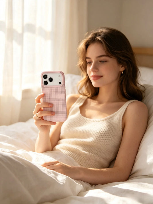 A soft morning lifestyle photo of a young woman in a beige silk camisole sitting on a bed, displaying a light pastel pink plaid phone case.