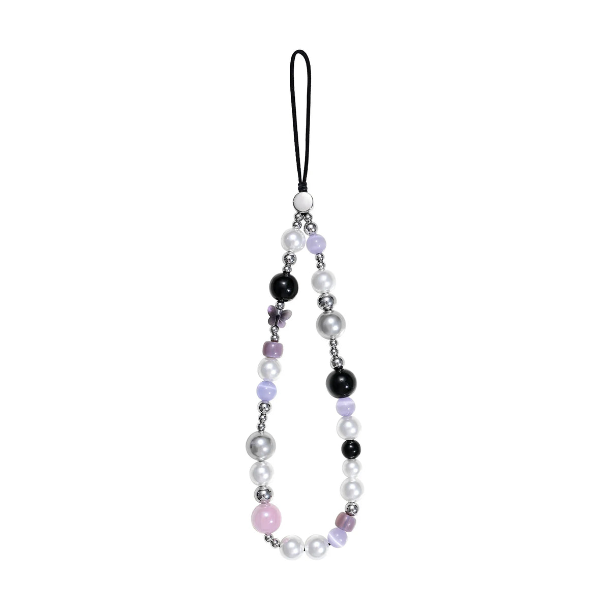 An aesthetic dark-toned phone charm wristlet made with black, purple, and iridescent pearl beads, on a white background.