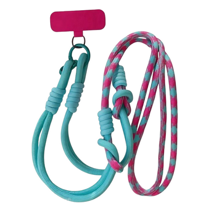CasePoppi Universal Crossbody Phone Lanyard, comfortable thick cord in Teal and Pink polka dot pattern, hands-free phone strap for secure carry.