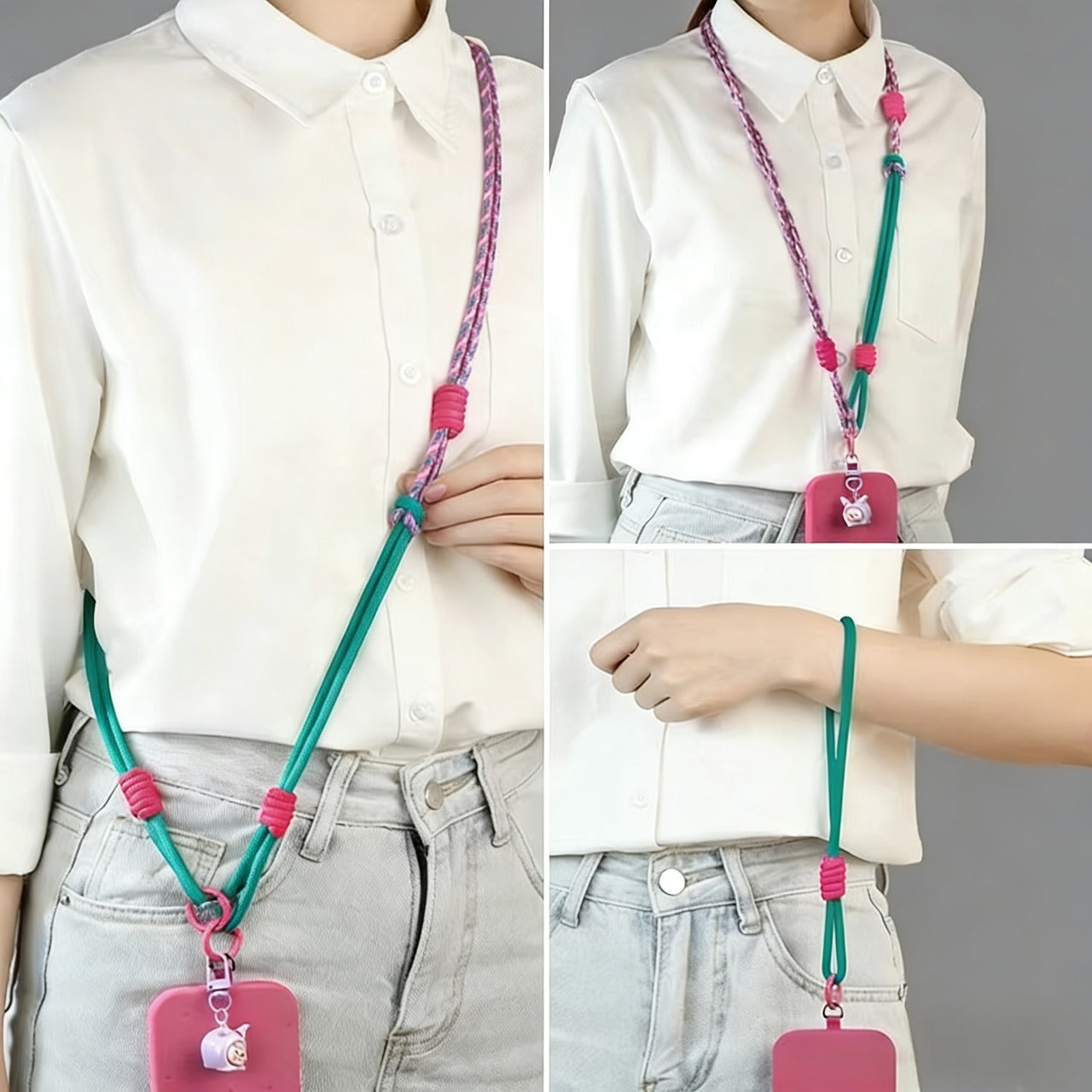 CasePoppi Adjustable Thick Cord Phone Lanyard worn crossbody by a model, secure hands-free utility for active lifestyle, Lavender and Rainbow strap color options.