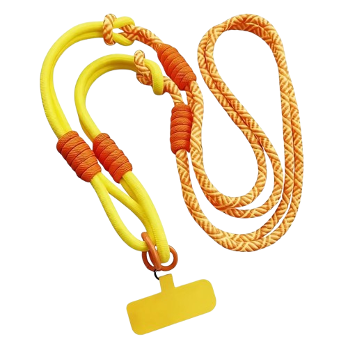 CasePoppi universal cell phone lanyard, yellow cord with contrasting red stripe pattern.
