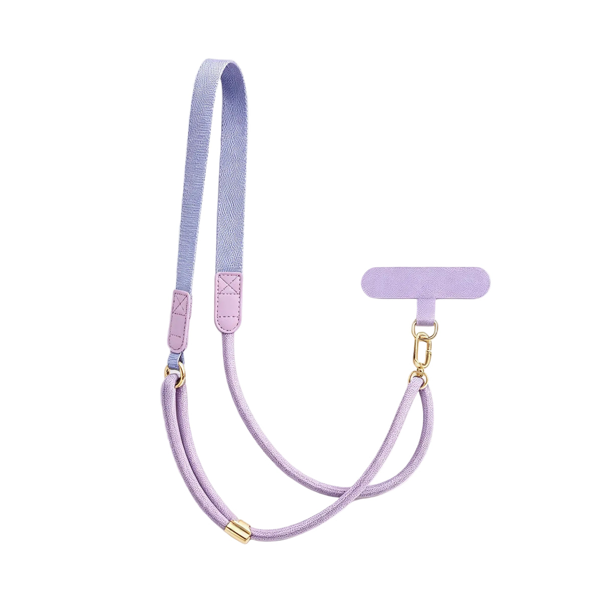 CasePoppi lavender purple adjustable crossbody phone strap with flat polyester webbing, gold metal hardware, and matching lilac tether tab