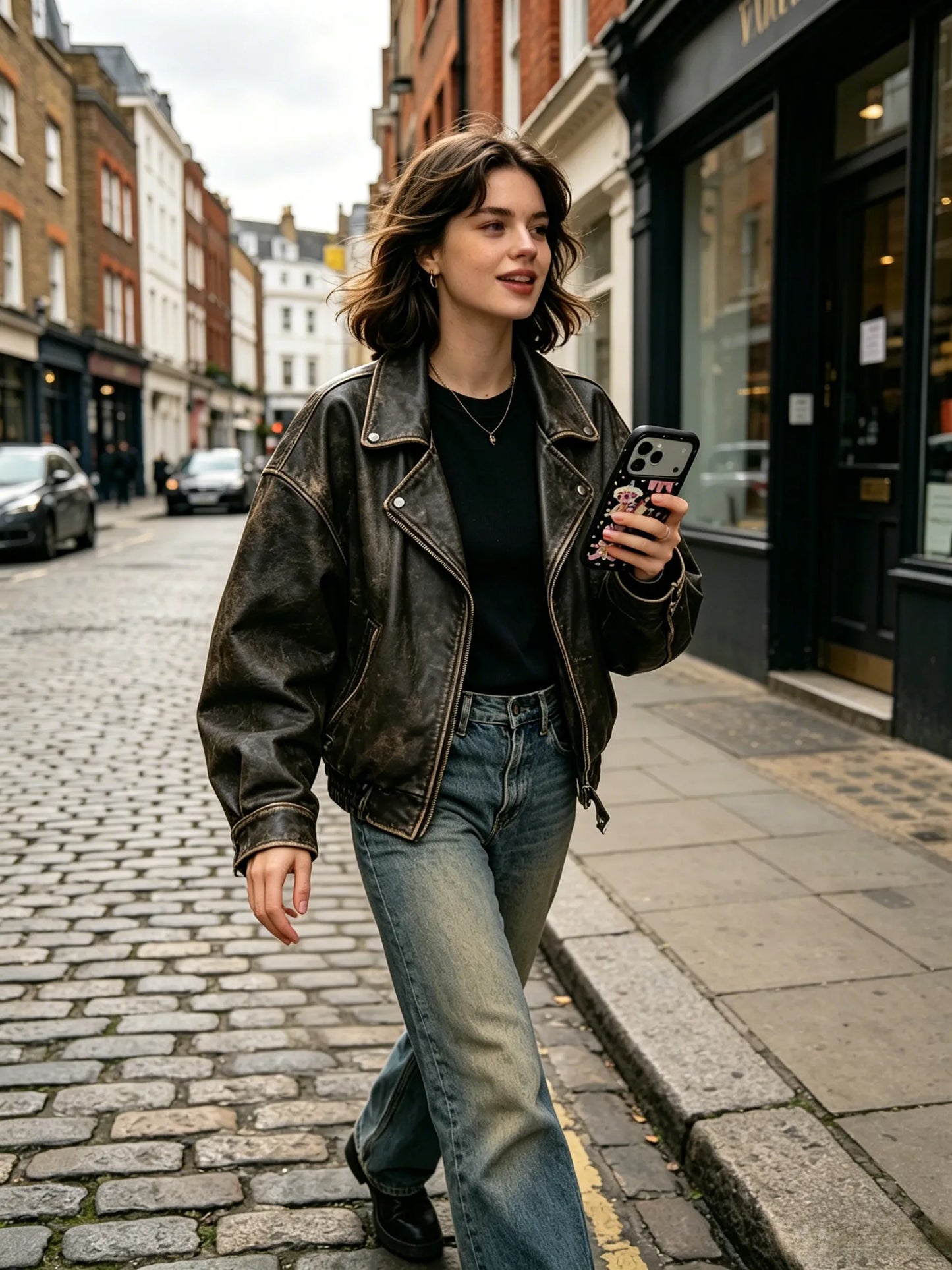 A full-length streetstyle fashion photo of a woman in a brown leather jacket and wide-leg jeans, walking down a European cobblestone street with her phone.