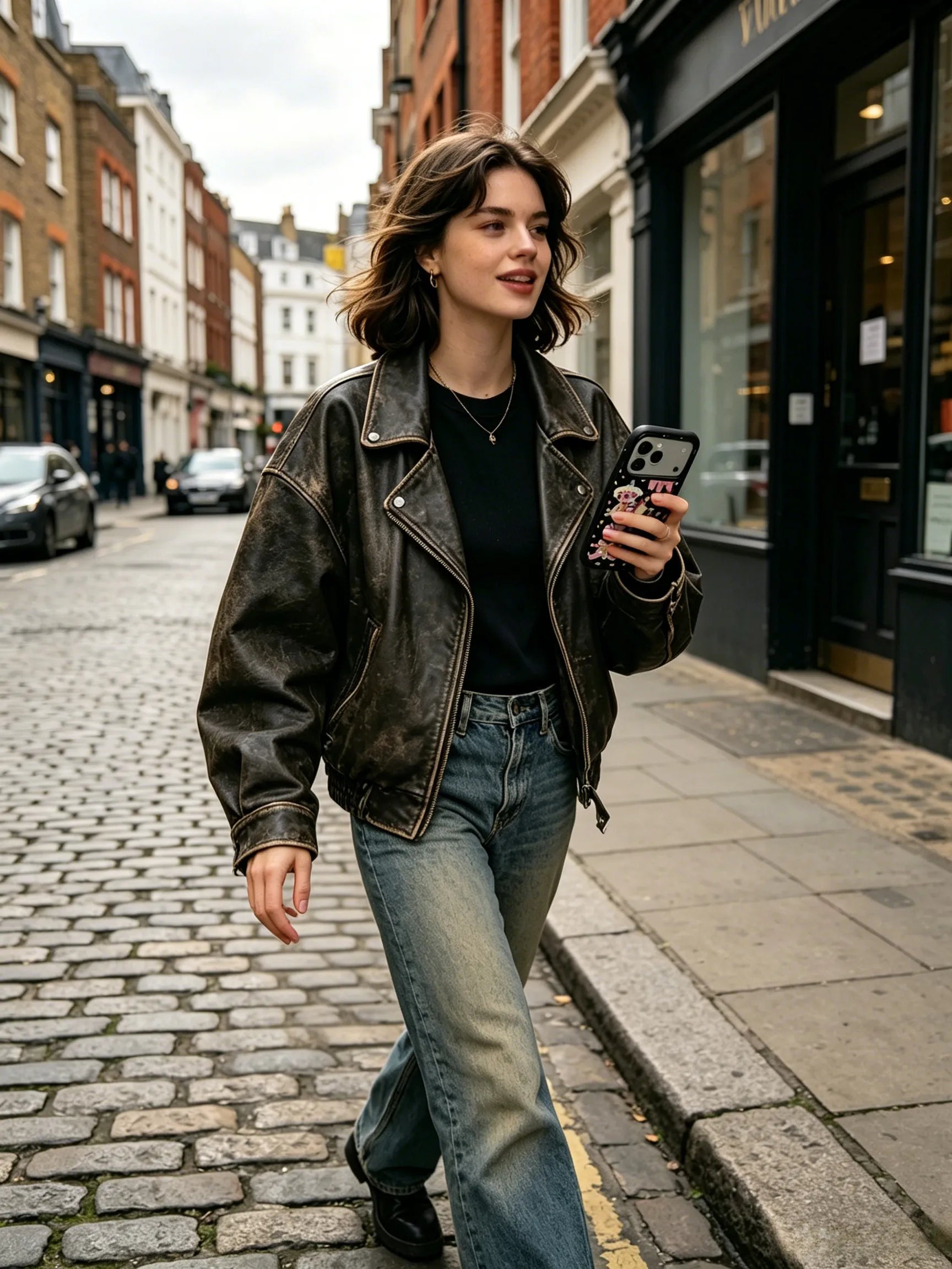 A full-length streetstyle fashion photo of a woman in a brown leather jacket and wide-leg jeans, walking down a European cobblestone street with her phone.
