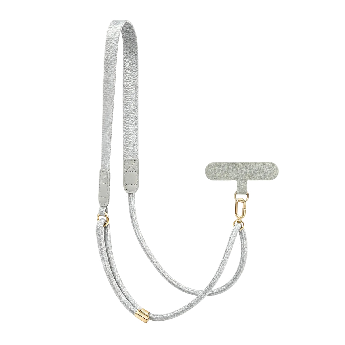 CasePoppi light gray adjustable crossbody phone strap with flat polyester webbing, gold hardware, and matching gray phone tether tab