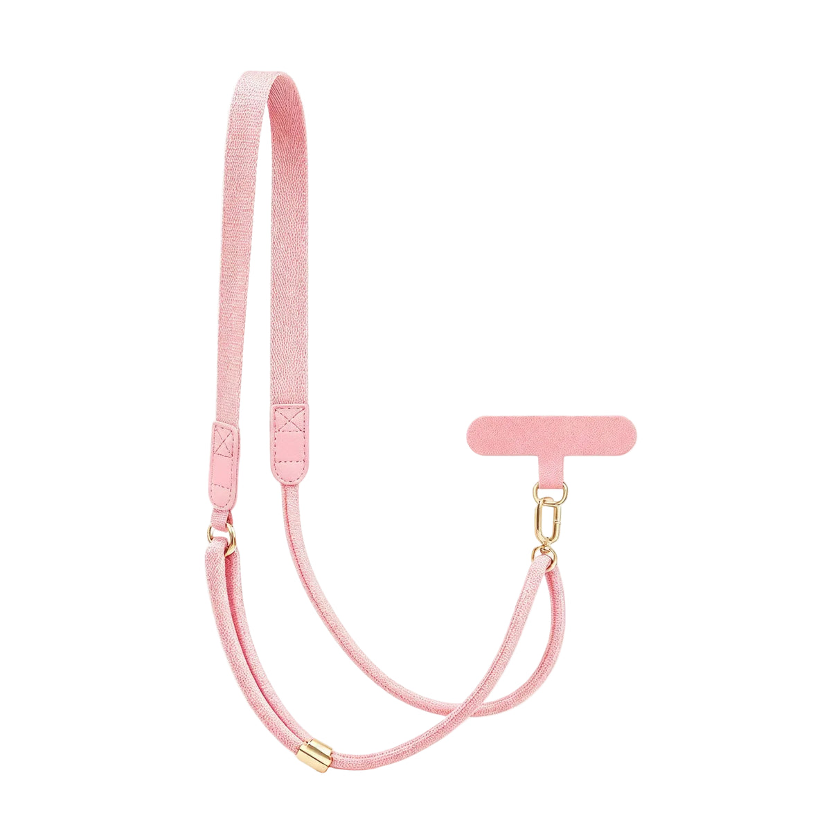 CasePoppi light pink flat polyester crossbody phone strap with gold metal hardware and matching pink phone tether tab