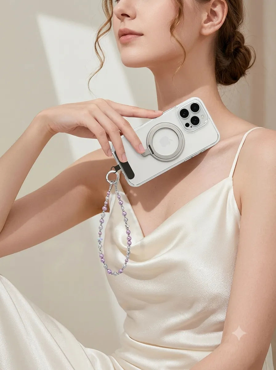 An elegant lifestyle photo of a woman in a white silk strap dress holding a white phone decorated with a delicate lilac crystal beaded phone charm.