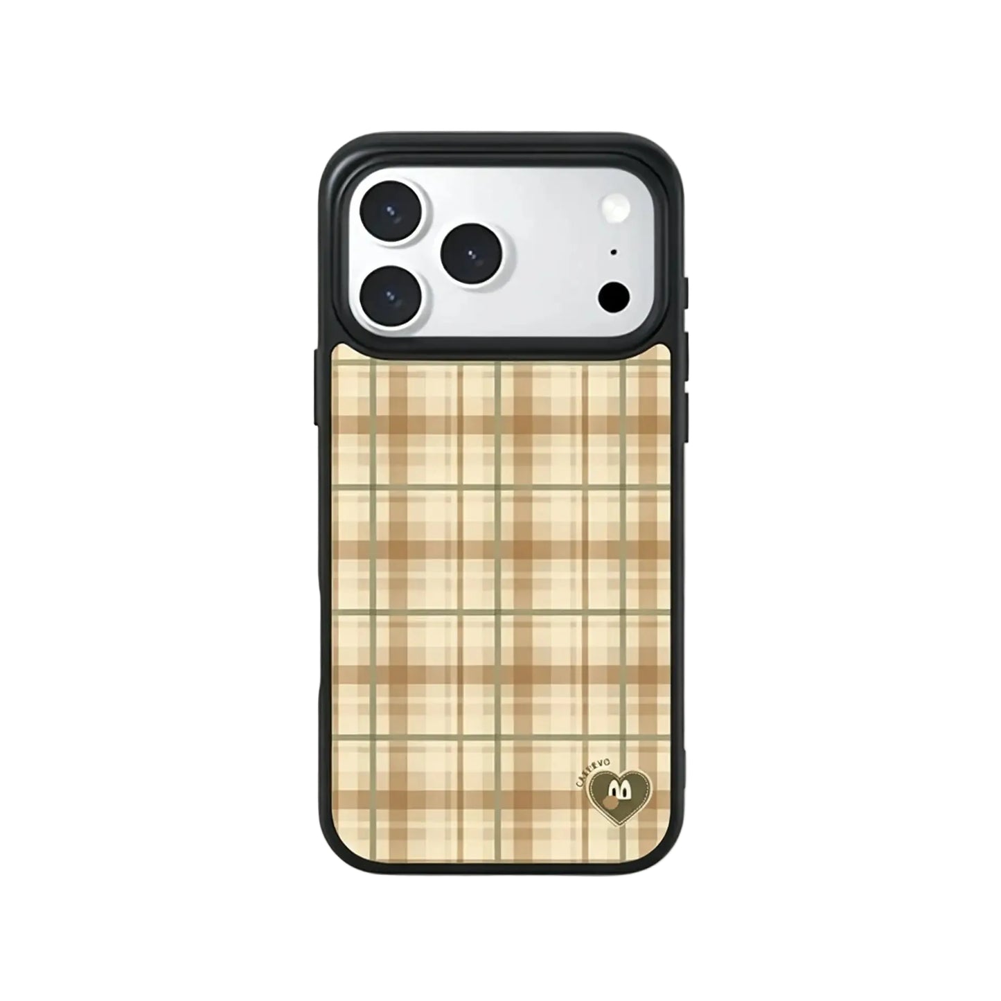CasePoppi Maillard Mocha Brown Check Glossy Tempered Glass iPhone Case with Neutral Aesthetic Style