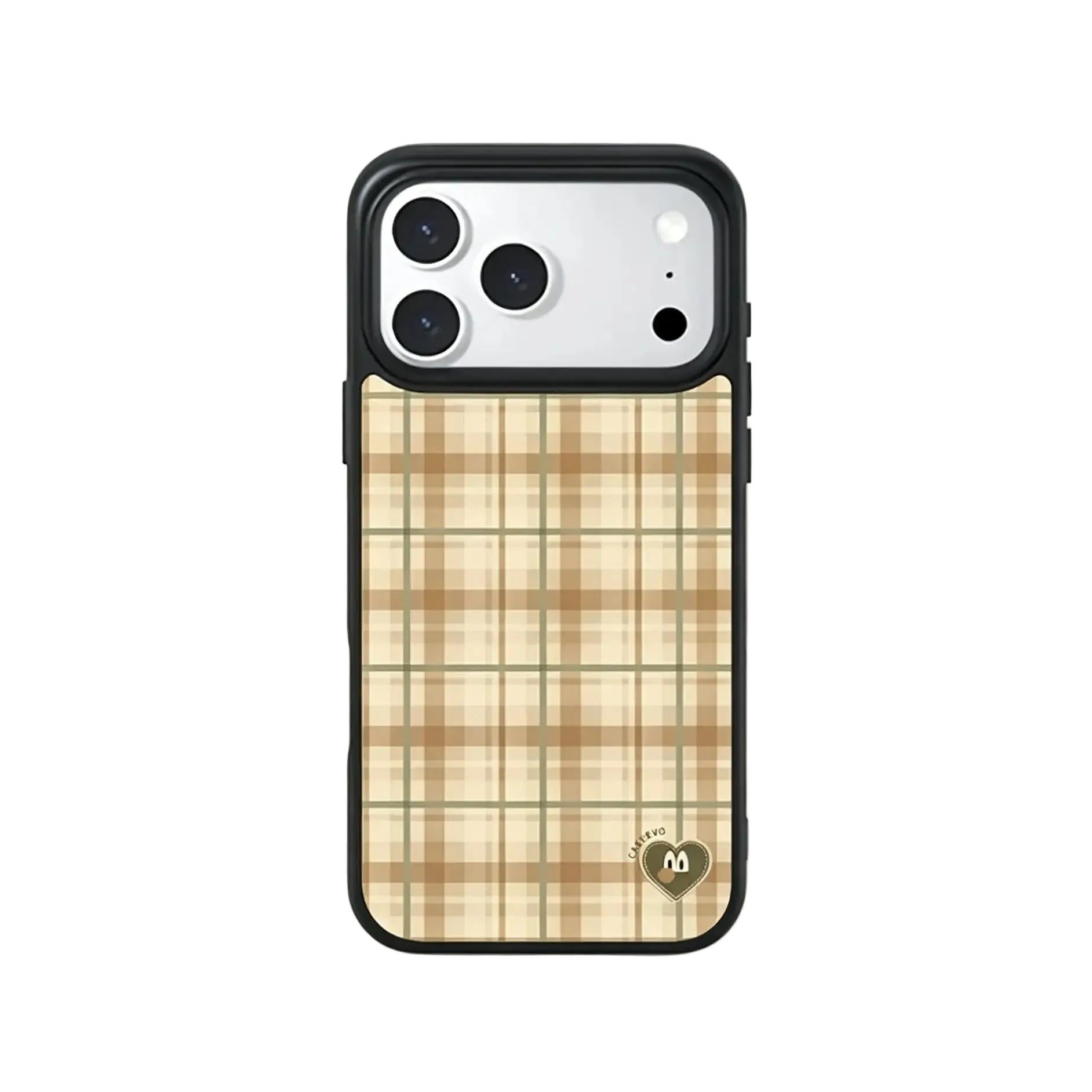 CasePoppi Maillard Mocha Brown Check Glossy Tempered Glass iPhone Case with Neutral Aesthetic Style