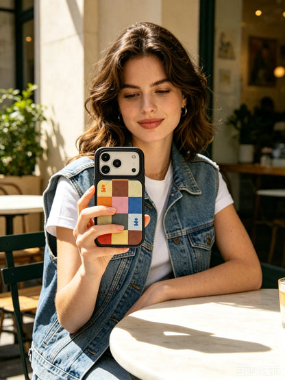 A playful fashion photo of a young woman wearing a denim vest, displaying a multicolor geometric patchwork phone case at an outdoor cafe.