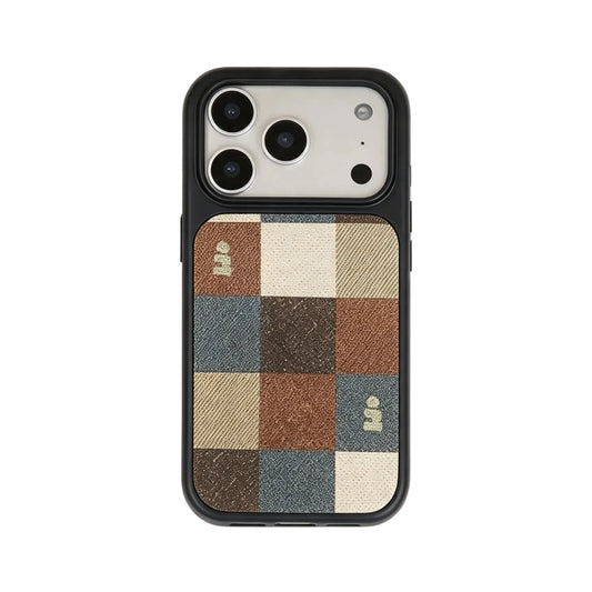 CasePoppi Olive Green Plaid Magnetic iPhone Case with Brown Pattern and Black Protective Frame