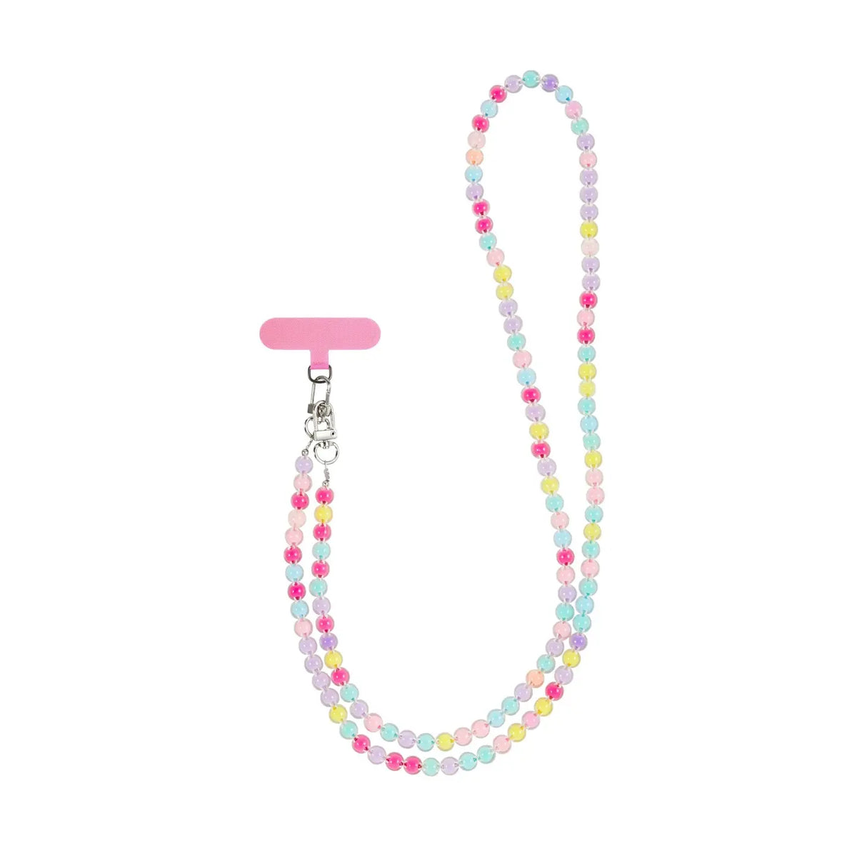 CasePoppi pastel macaron beaded crossbody phone strap with soft colorful beads and pink tether pad on white background