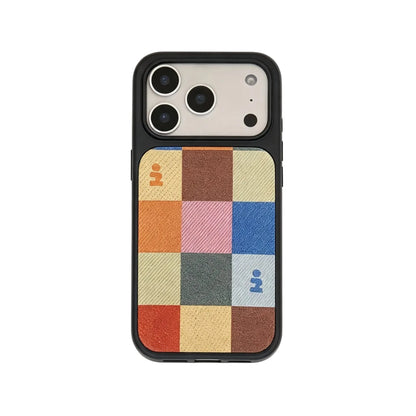 CasePoppi Patchwork Color Magnetic iPhone Case with Retro Plaid Design and Black Protective Frame