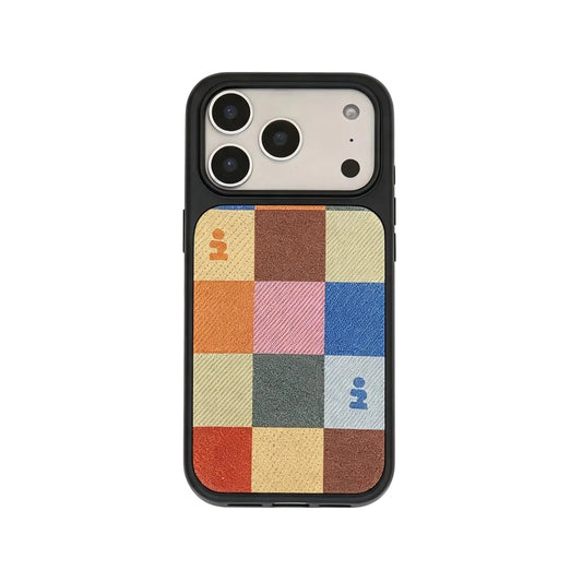 CasePoppi Patchwork Color Magnetic iPhone Case with Retro Plaid Design and Black Protective Frame
