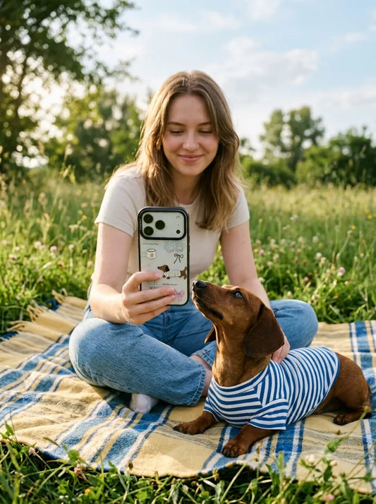 A cheerful summer picnic lifestyle photo of a smiling woman sitting on a checkered blanket in a grassy field with her dachshund puppy, showing her custom phone case.