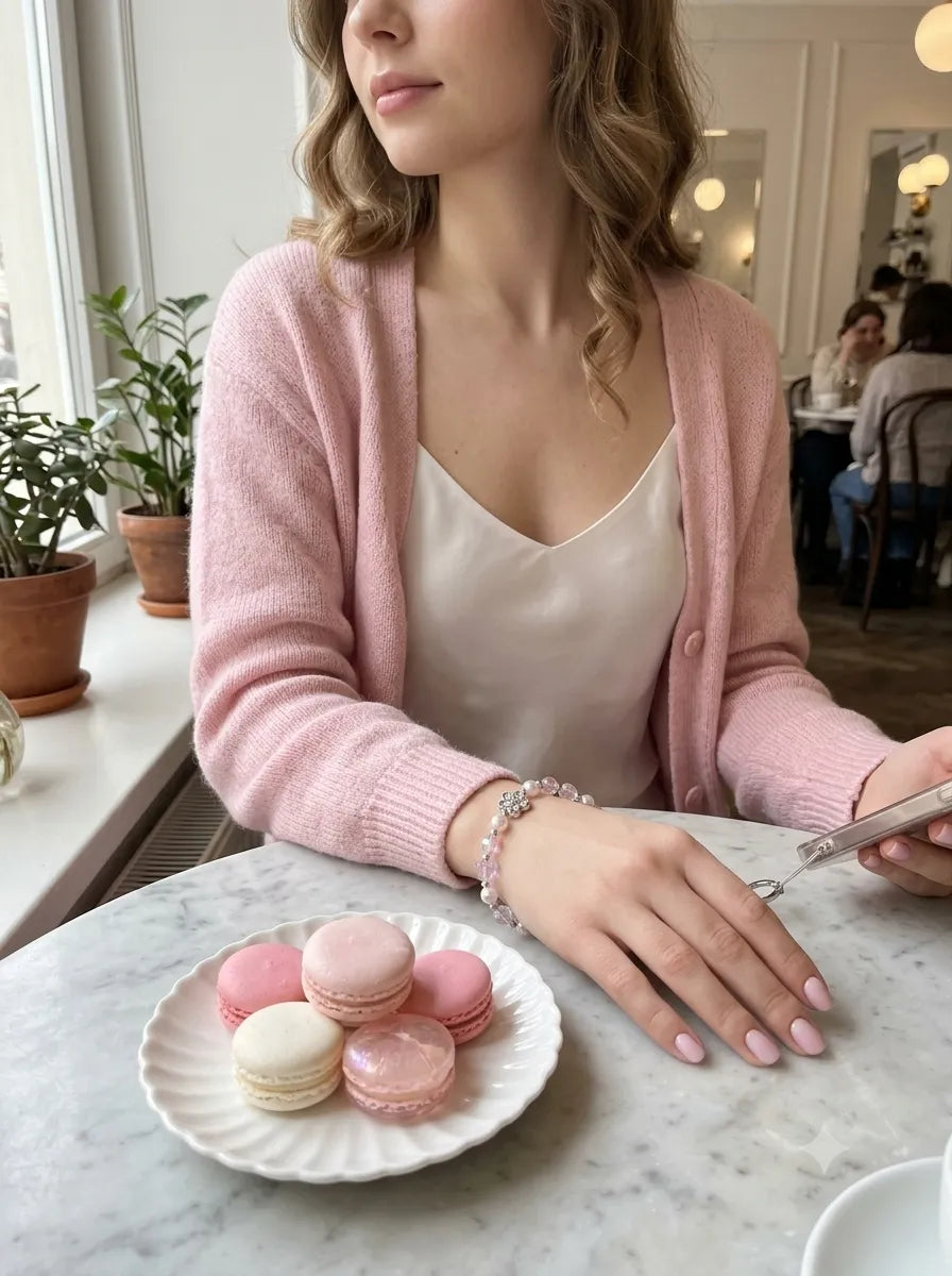 A sweet Parisian cafe lifestyle photo of a woman in a pastel pink cardigan sitting by macarons, wearing a dainty beaded phone charm on her wrist.