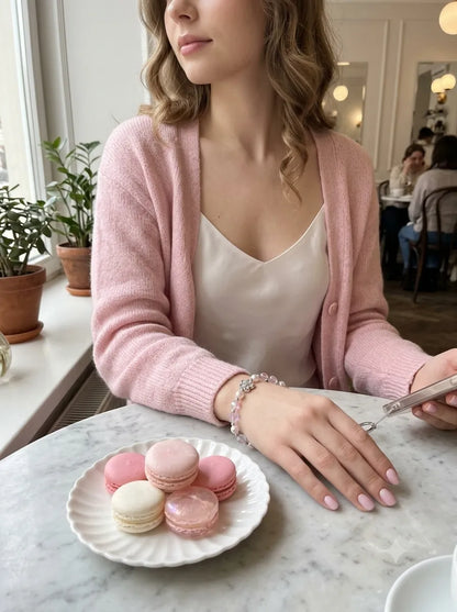 A sweet Parisian cafe lifestyle photo of a woman in a pastel pink cardigan sitting by macarons, wearing a dainty beaded phone charm on her wrist.