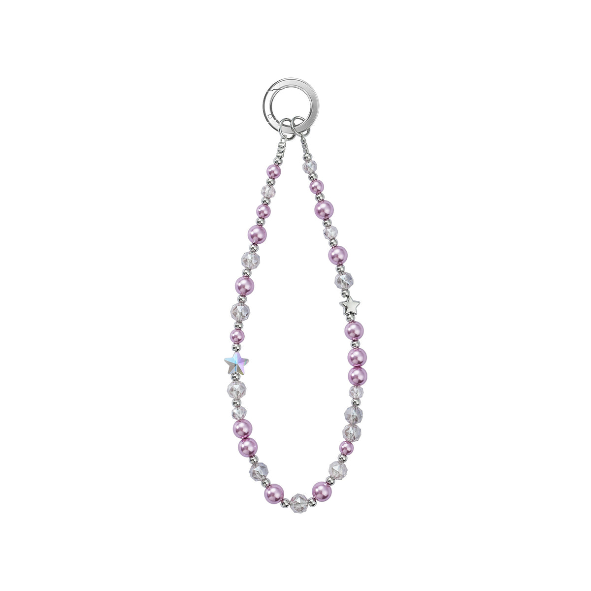 A delicate pastel pink and light purple pearl beaded phone wrist strap with metal ring attachment, isolated on a white background.