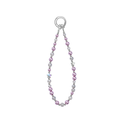 A delicate pastel pink and light purple pearl beaded phone wrist strap with metal ring attachment, isolated on a white background.
