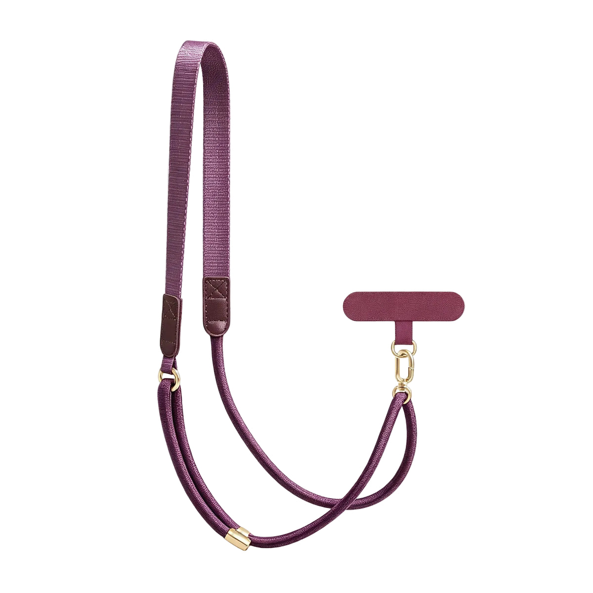 CasePoppi plum purple flat polyester crossbody phone strap with gold metal hardware and matching phone tether tab