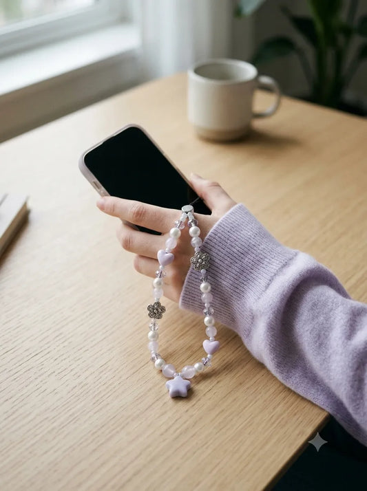 A close-up lifestyle shot of a hand wearing a purple sweater, with a beaded phone charm featuring star and heart beads wrapped around the wrist over a wooden desk.